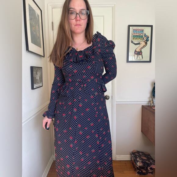 70s Vintage Straberry And Swiss Dot Long Sleeve Prairie Dress with Peplum Waist - Picture 3 of 12